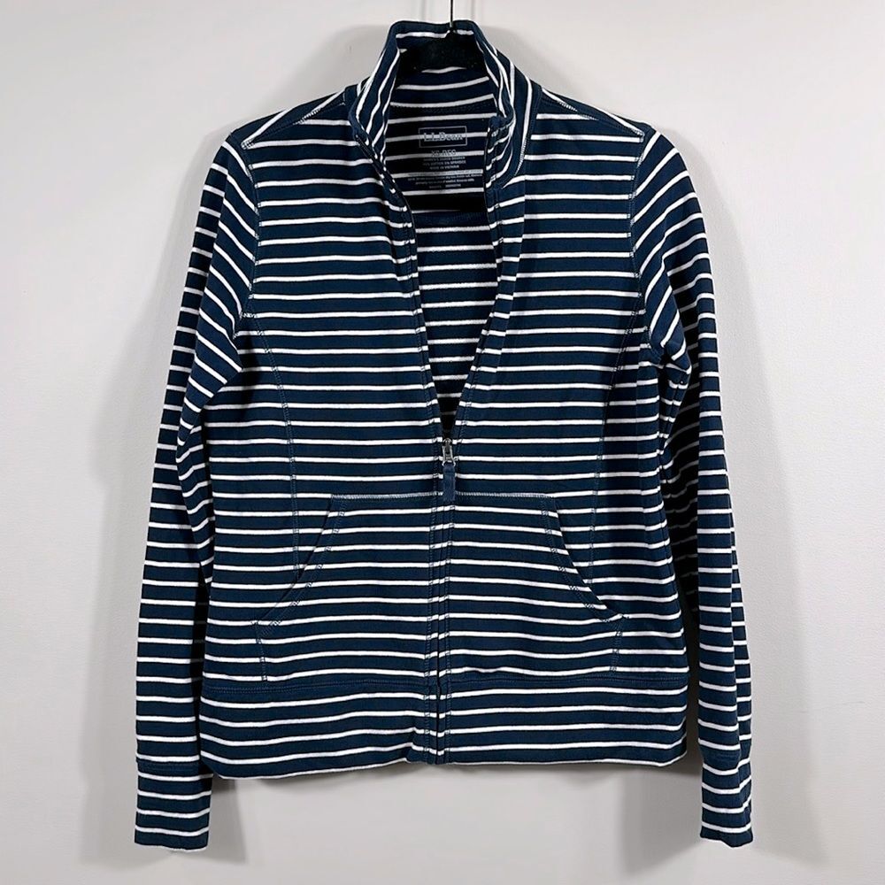 LL Bean Blue Soft Sweats Full Zip Mock-Neck Stripe Jacket Women Size XS Regular